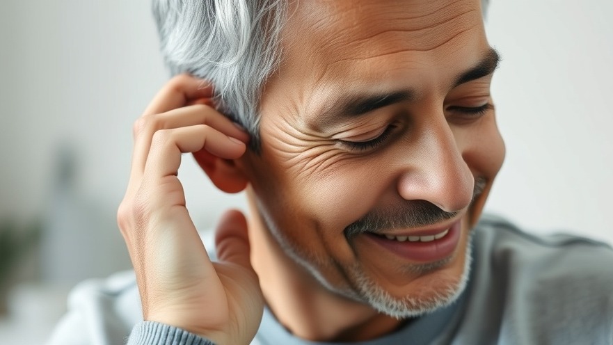 Person experiencing tinnitus relief, touching their ear with a tranquil expression.