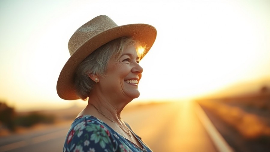 Confident woman in her 50s enjoying solo wellness trips during golden hour.
