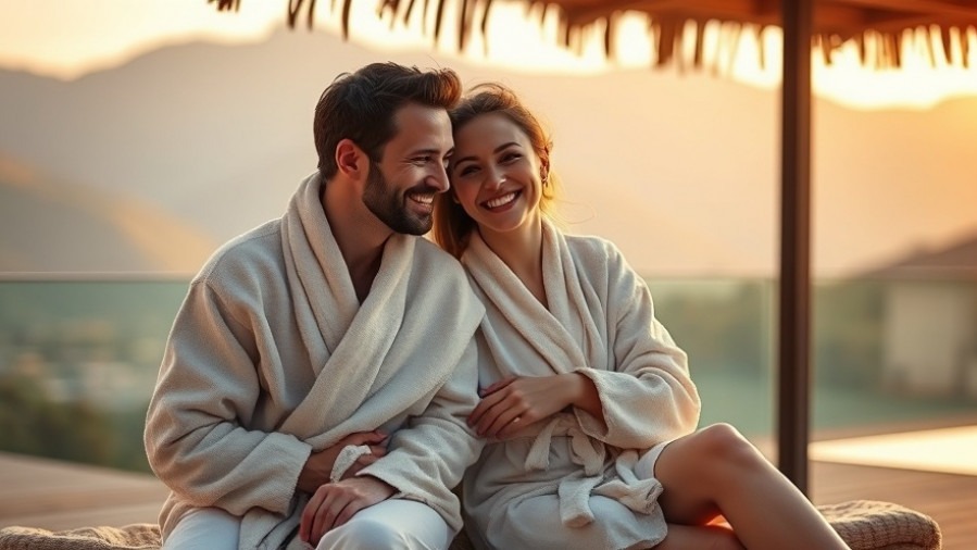 Joyful couple embracing on a spa terrace during a romantic escape, radiating connection.