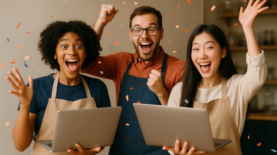 Excited diverse small business owners celebrating with laptops and confetti.