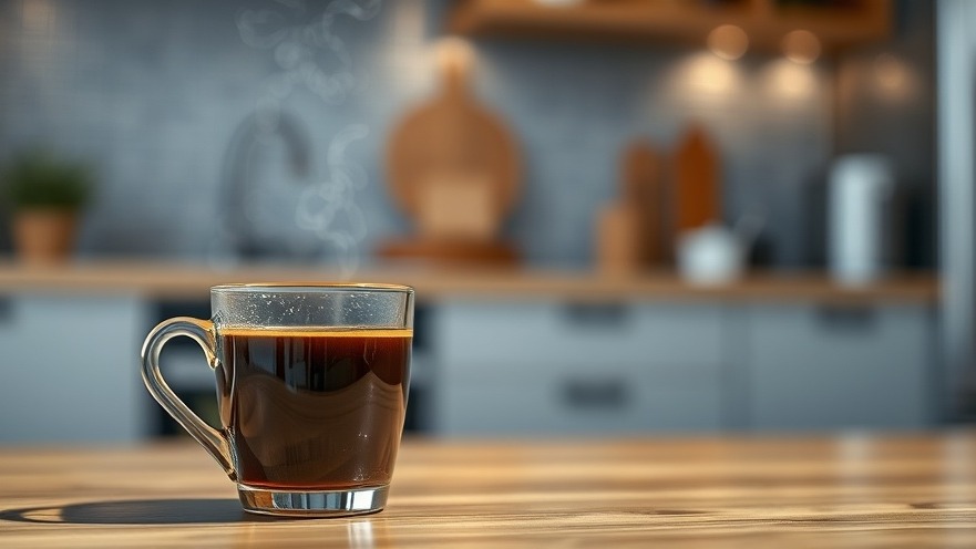 Close-up of steaming coffee cup on modern kitchen table with blurred background.