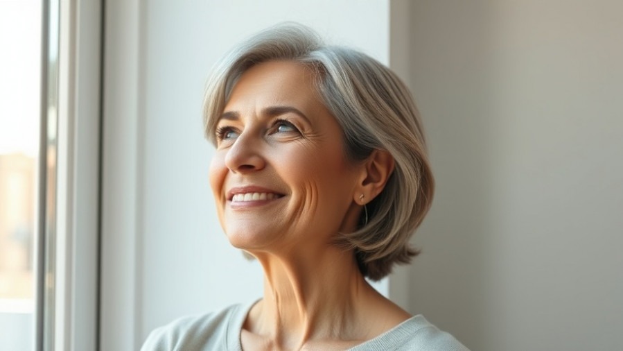 Confident mid-age woman reflecting on hormone therapy benefits in soft morning light.