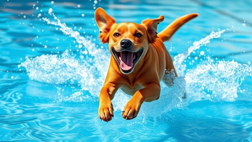 Energetic brown dog leaping into pool, showcasing health benefits of swimming for dogs.