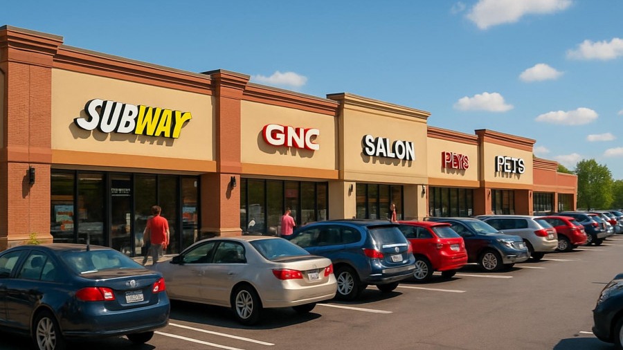 A busy strip mall bustling with activity on a bright sunny day.