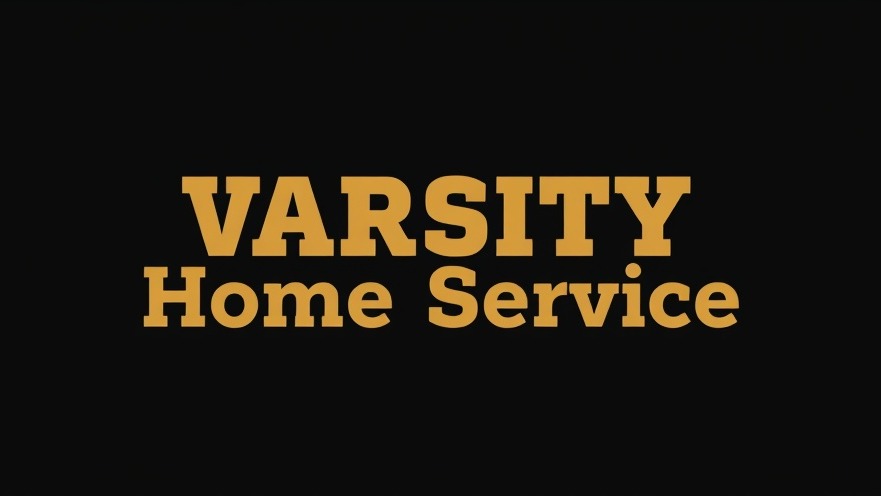 Bold tan lettering 'Varsity Home Service' on a black background