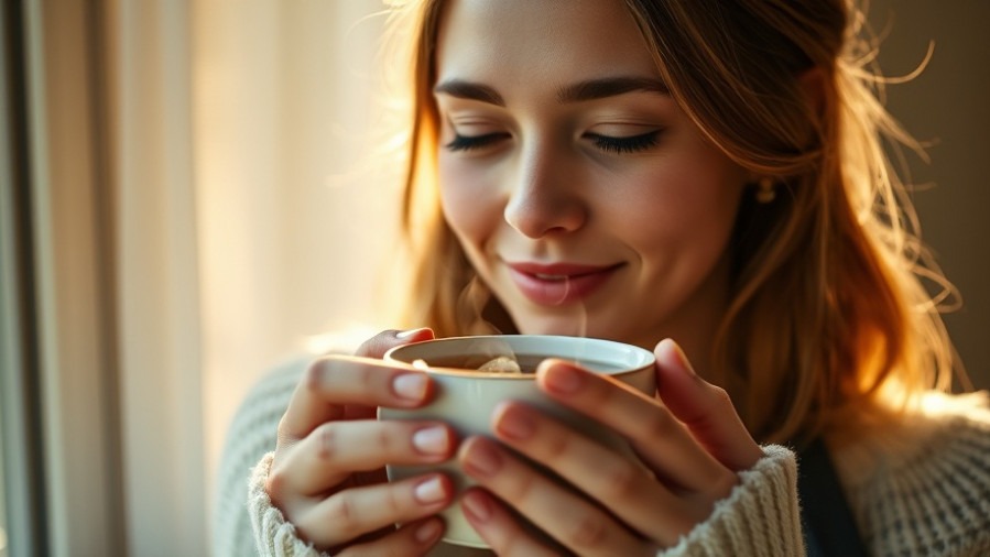 Serene young woman holding herbal tea, bathed in soft morning sunlight.