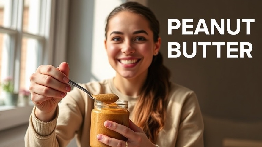 Smiling young adult scooping natural peanut butter, showcasing its nutritional value.