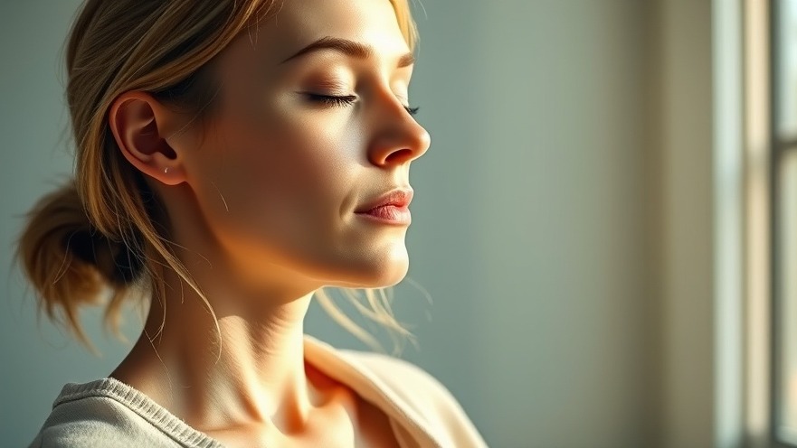 Calm woman practicing deep breathing for stress reduction techniques.