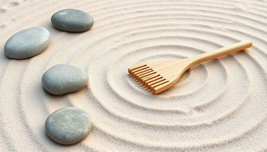 Zen garden with stones and rake displaying balance in sand patterns.
