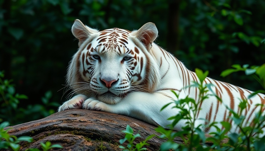Serene white tiger resting peacefully on a log, embodying mental freedom.
