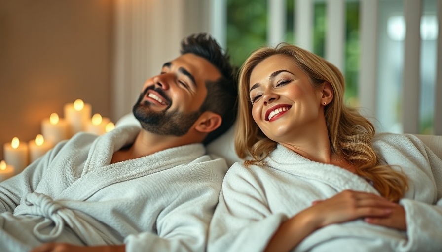 Smiling couple enjoying spa treatments in cozy robes with candlelight.
