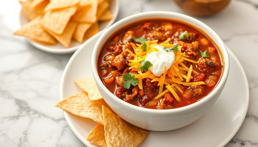 Delicious turkey chili with toppings in a bowl, served with chips.