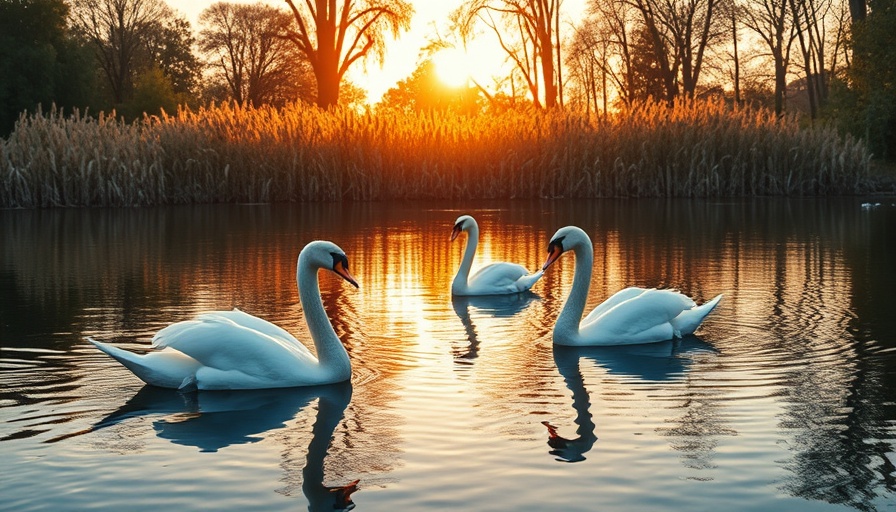 Tranquil swans in a serene lake at sunset, mindful living atmosphere.