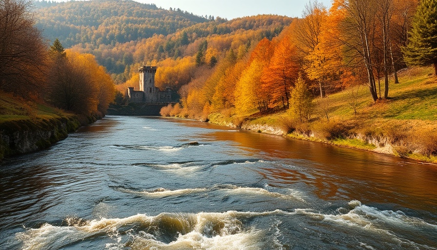 Serene landscape with river and autumn trees promotes wellness.