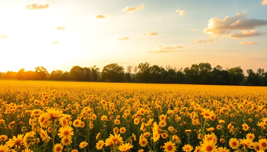 Clear bright field at sunrise with yellow flowers