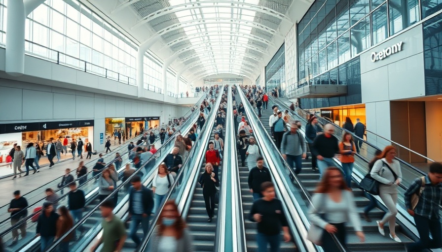 Busy shopping mall with escalators and shoppers, vibrant atmosphere.