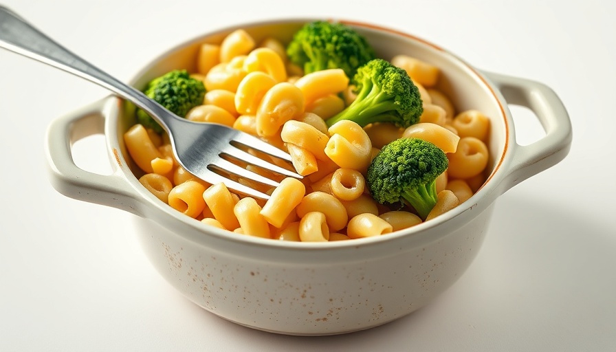 Healthy mac and cheese recipe with broccoli in a pot.