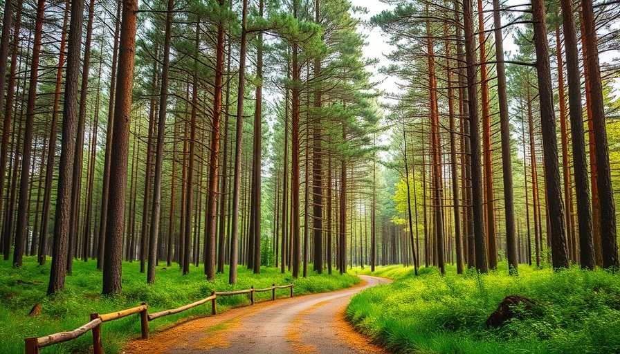 Peaceful forest path among pine trees illustrating benefits of slowing down.