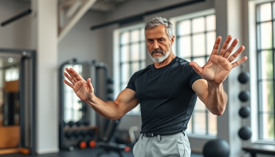 Middle-aged man demonstrating hand health and stretching exercises.