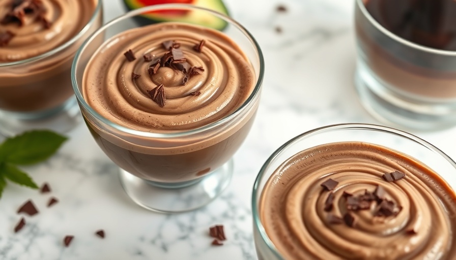 Delicious chocolate avocado pudding with chocolate shavings in glass bowls on marble.