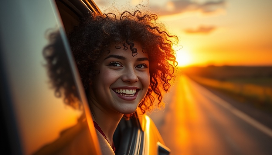 Smiling woman on a road trip, sunset vibes.