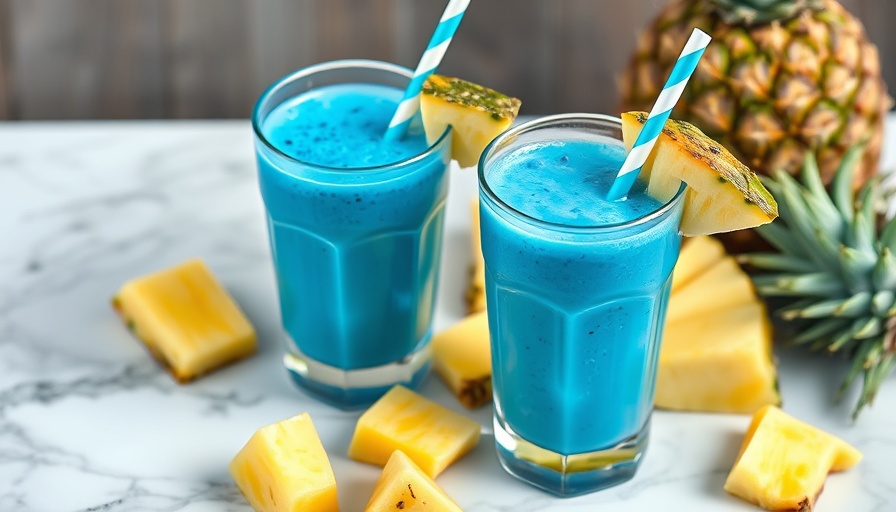 Blue smoothie in glass with straw and pineapple.