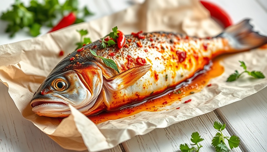 Summer spicy fish recipe on parchment with herbs.