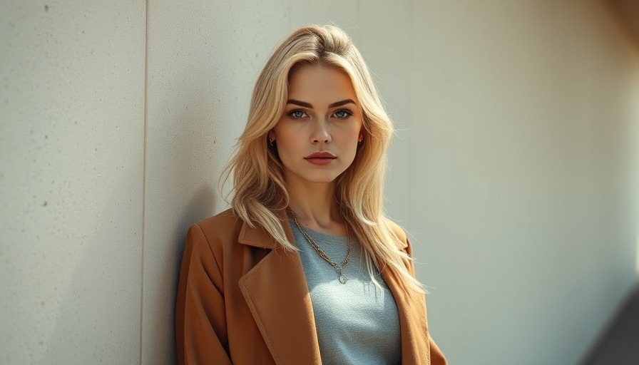 Blonde woman in elegant fashion, natural sunlight, minimalist background.