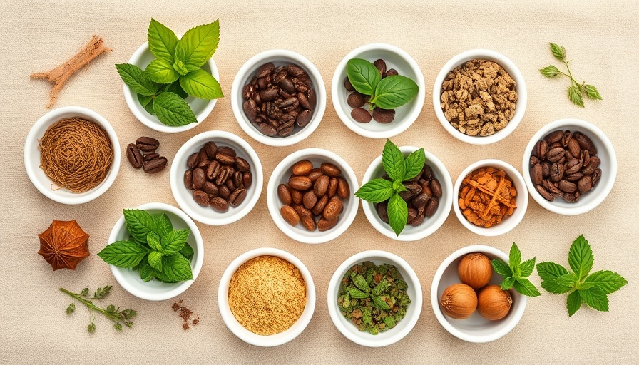 Selection of nervine herbs in white bowls for wellness.