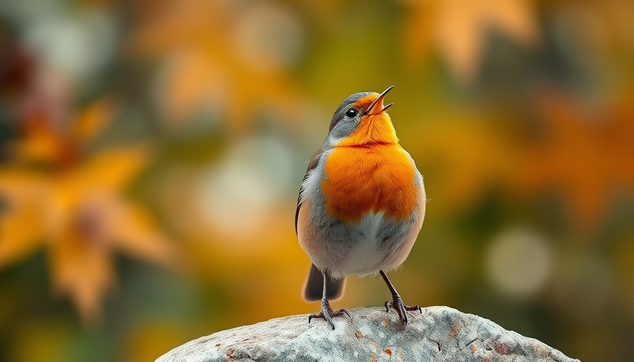 A robin singing on a stone with autumn background, the art of being present.