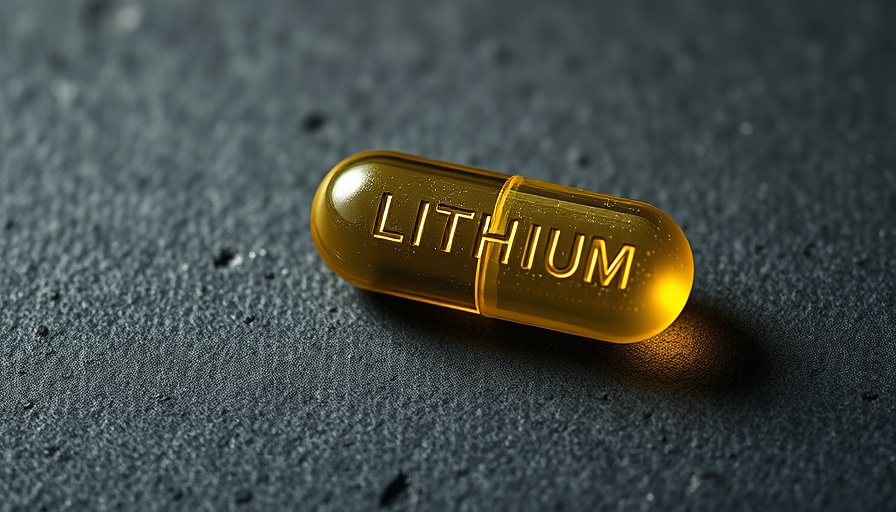 Close-up of yellow lithium tablet on gray surface.