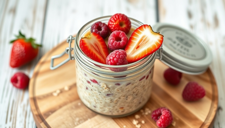 Peanut Butter Overnight Oats with berries on wooden board