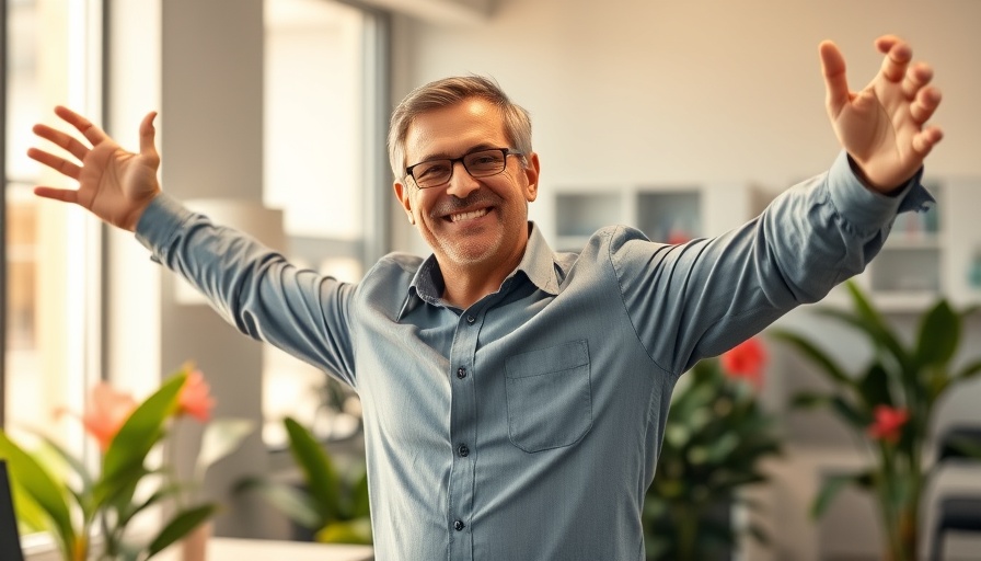 Man demonstrates Superman pose for posture in office with tropical plants.