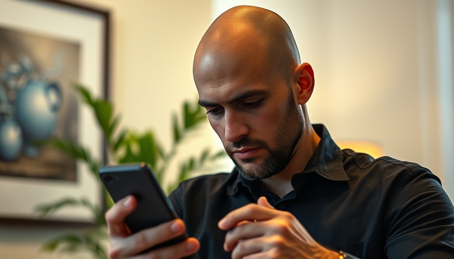 Man using a phone to learn posture correction, indoor setting