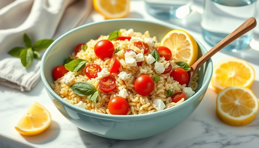 Fresh lemon orzo salad with vegetables and feta cheese in a bowl.