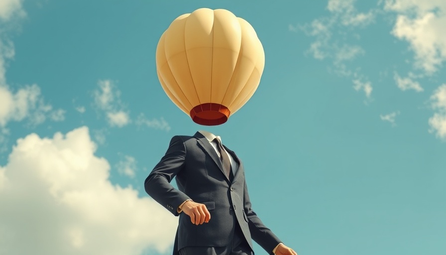 Surreal headless mannequin with balloon head floating in soft sky.