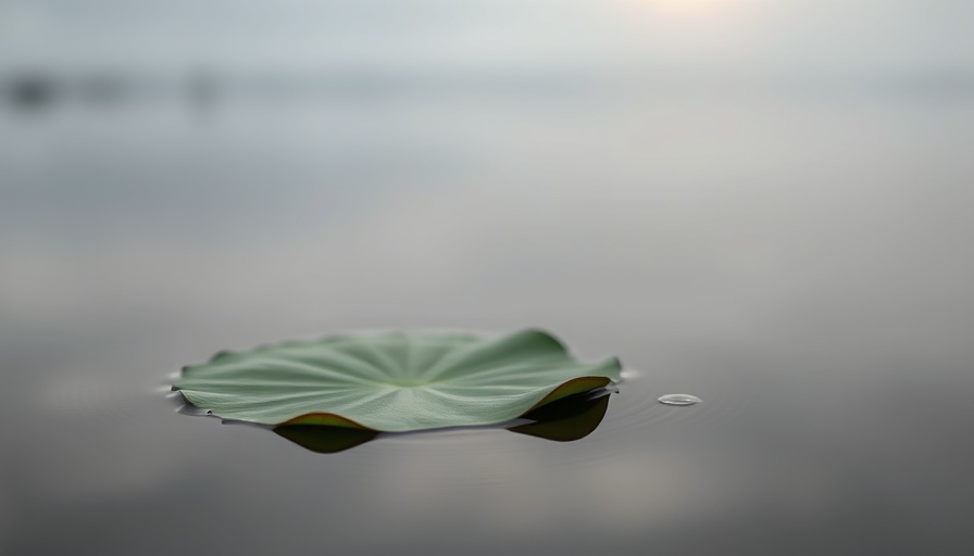 Solitary lily pad with droplet on calm pond, embracing both pain and joy.