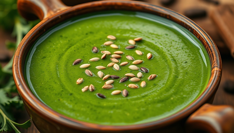 Detoxifying Kale Soup in rustic bowl, topped with seeds.