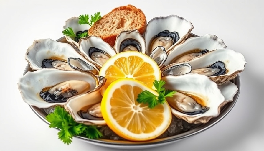 Elegant display of oysters with lemon and bread, most expensive food.