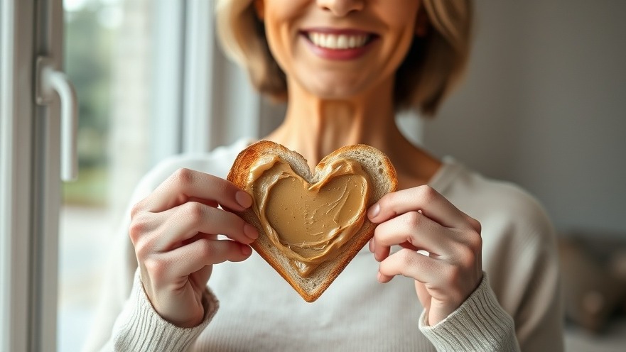 Smiling woman with heart-shaped whole wheat toast, showcasing nutritious foods for heart disease prevention.