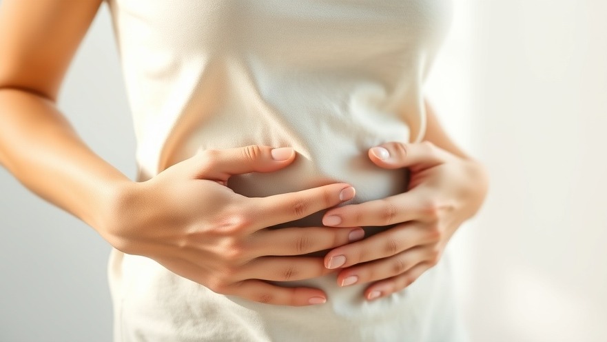 Calm young adult promoting digestive health, hands on stomach in serene morning light.