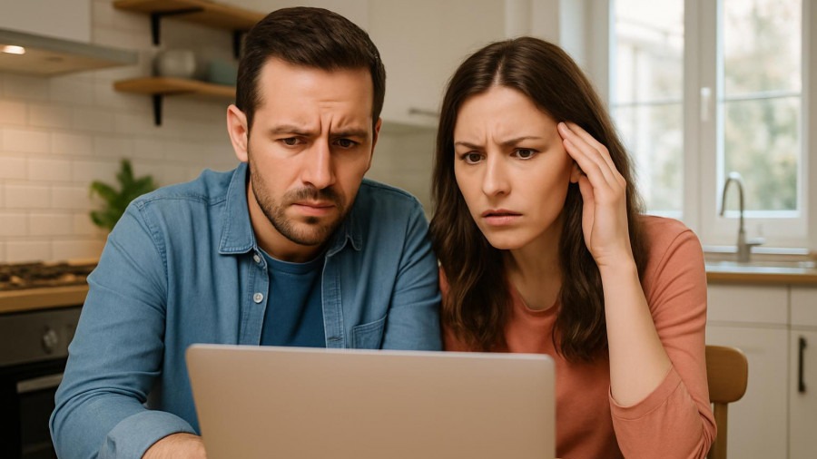 Couple in their thirties struggling to find local businesses online in a modern kitchen.