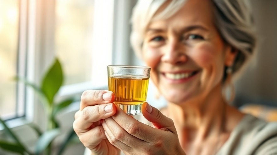Smiling woman with olive oil and turmeric shot, showcasing health benefits of turmeric.