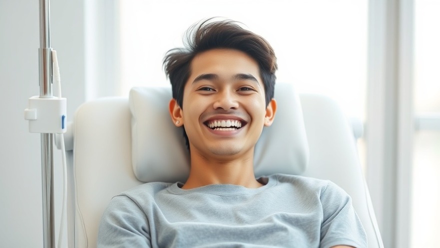 Joyful person rejuvenated in a modern clinic during IV therapy; bright natural light.