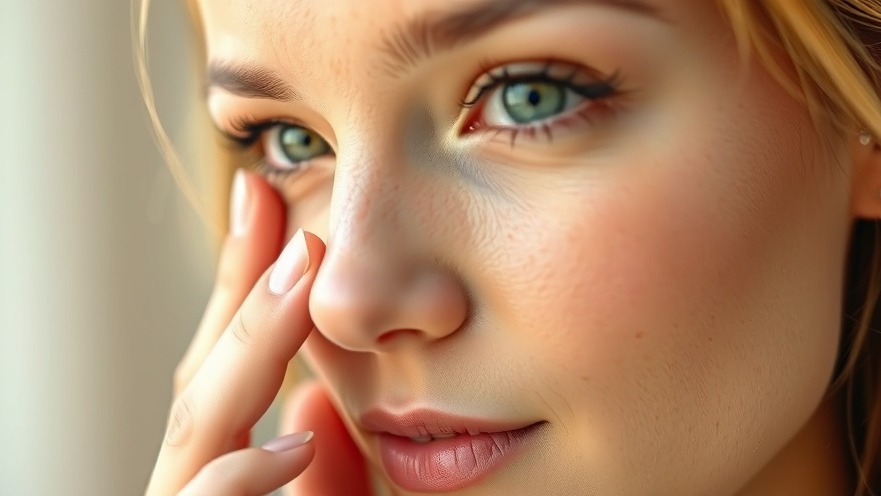 Curious woman with soft lighting examining her skincare routine and skin health.