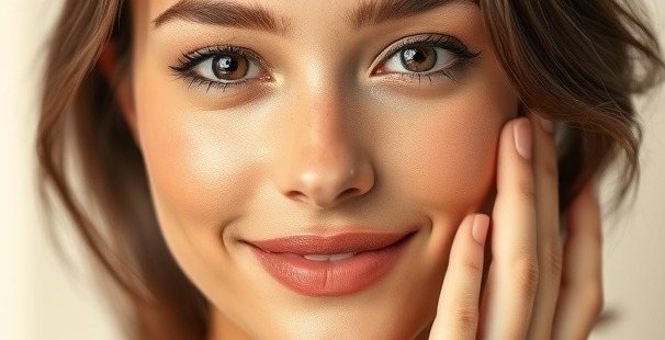 Portrait of a confident young woman with glowing skin and subtle microneedle dots.