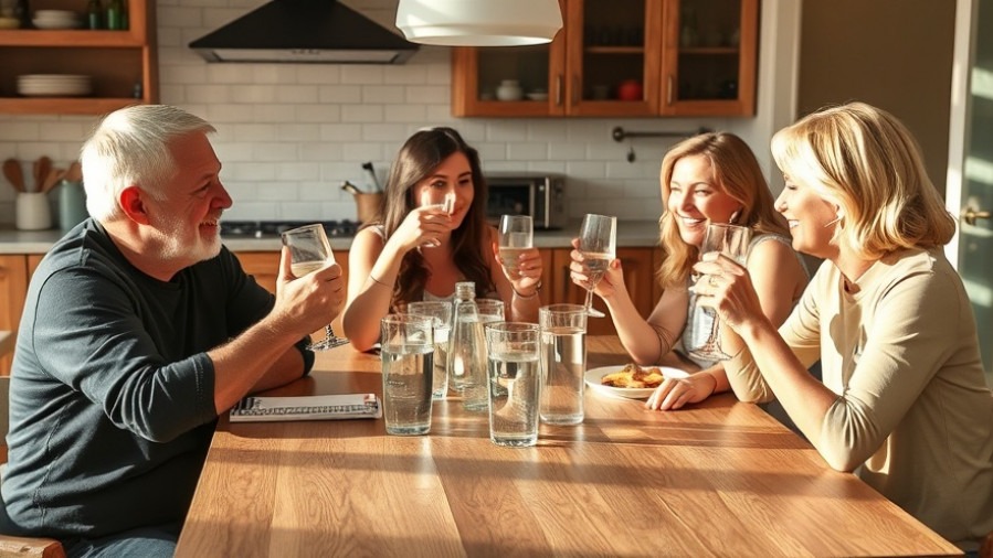 Friends enjoying clear water together at a kitchen table.