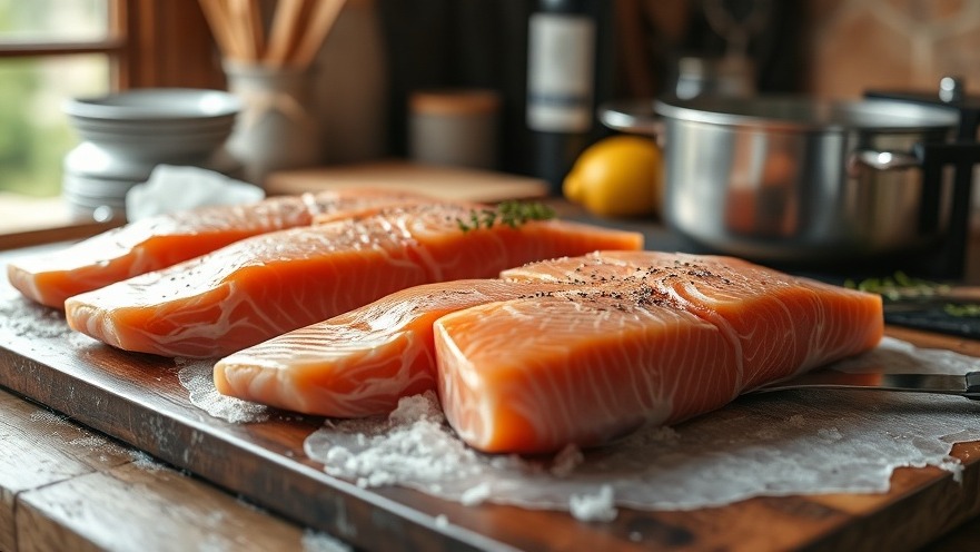 Photorealistic raw Alaskan salmon ready to be cooked in a cozy country kitchen.