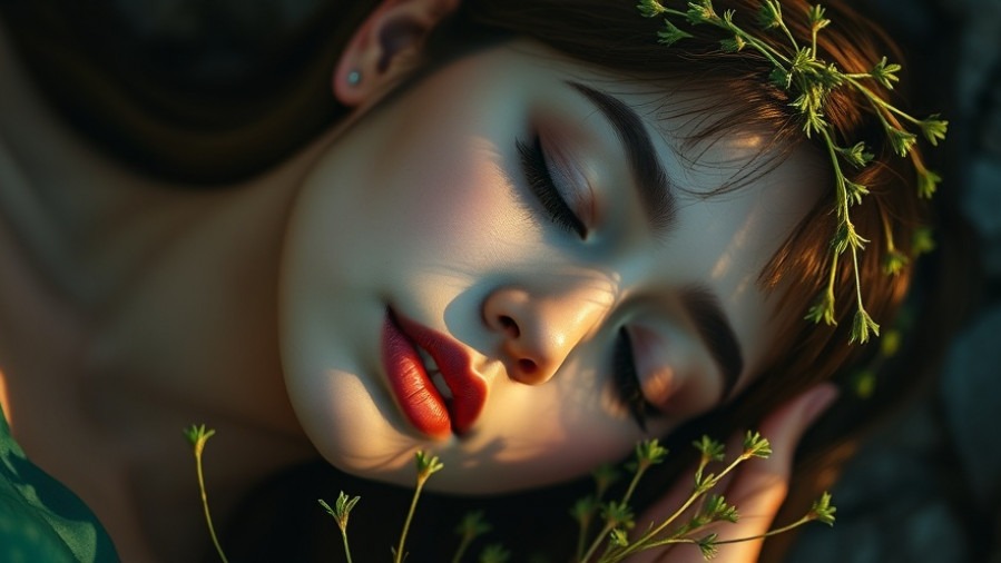 A serene young woman with closed eyes, surrounded by wild herbs for enhancing dreams.
