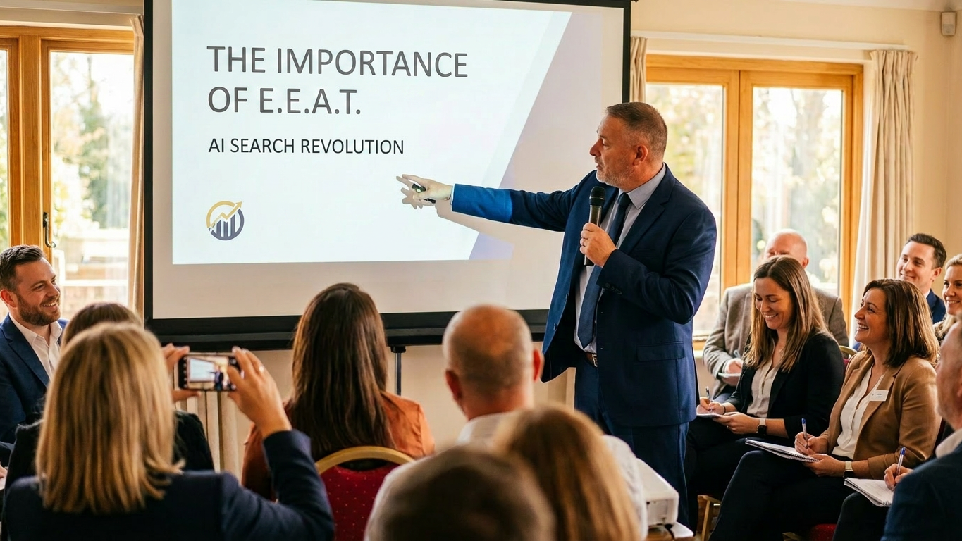 Friendly digital consultant presenting AI readiness audit results on a large interactive screen to a Long Island business owner, with clear charts and checklists